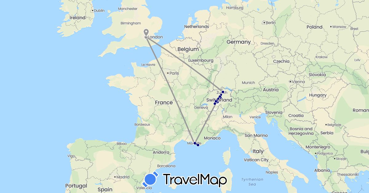 TravelMap itinerary: driving, plane in Switzerland, France, United Kingdom (Europe)