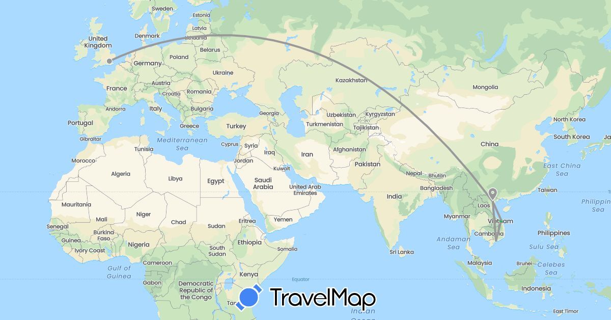 TravelMap itinerary: driving, bus, plane in United Kingdom, Vietnam (Asia, Europe)